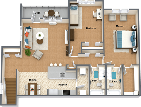 Floor plan for 2 beds, 2 baths, 1365 sqft
